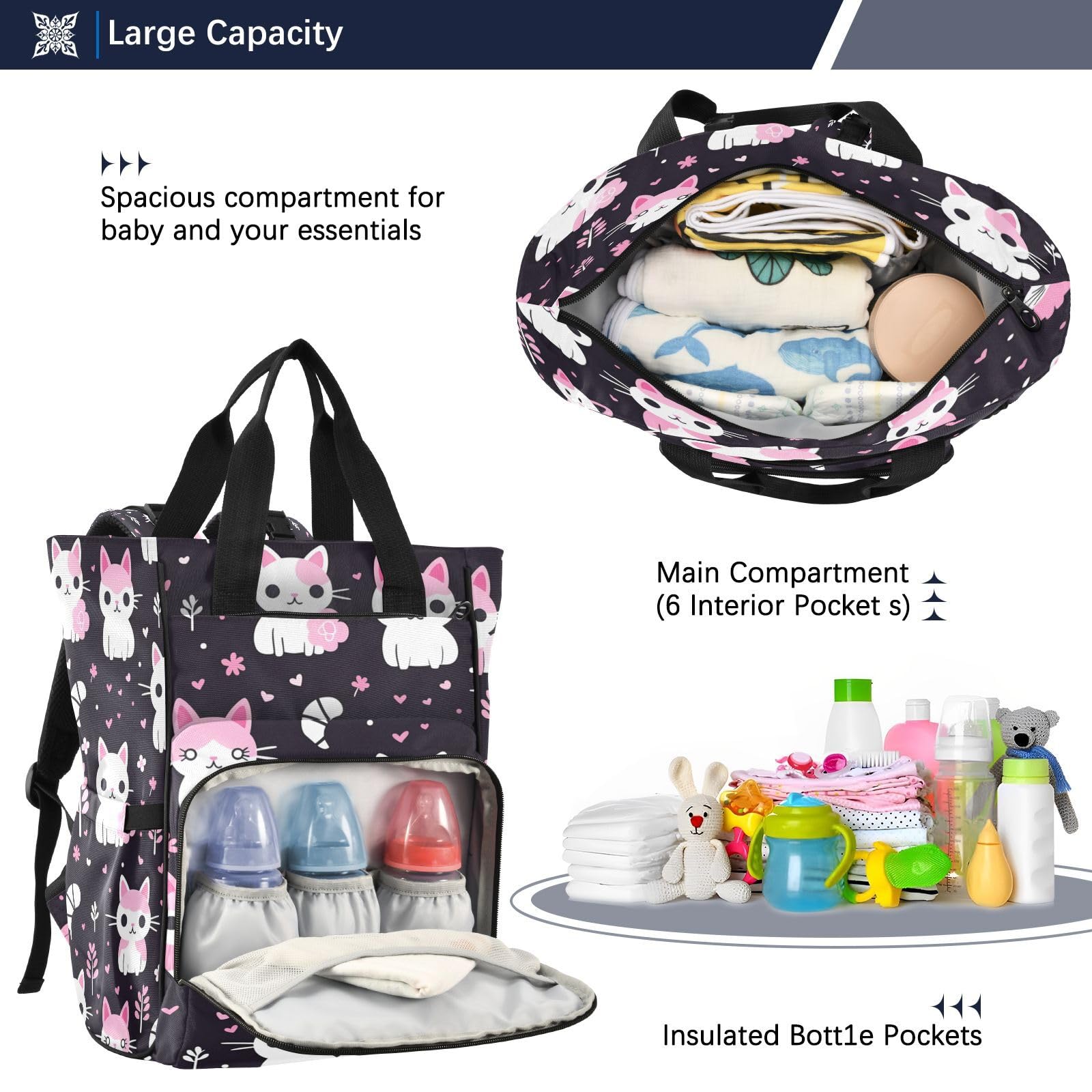 Gatti Rosa Adorabili Capricciosi Borsa per Pannolini Zaino Grande Capacità Borsa Mamma per Viaggia All'aperto