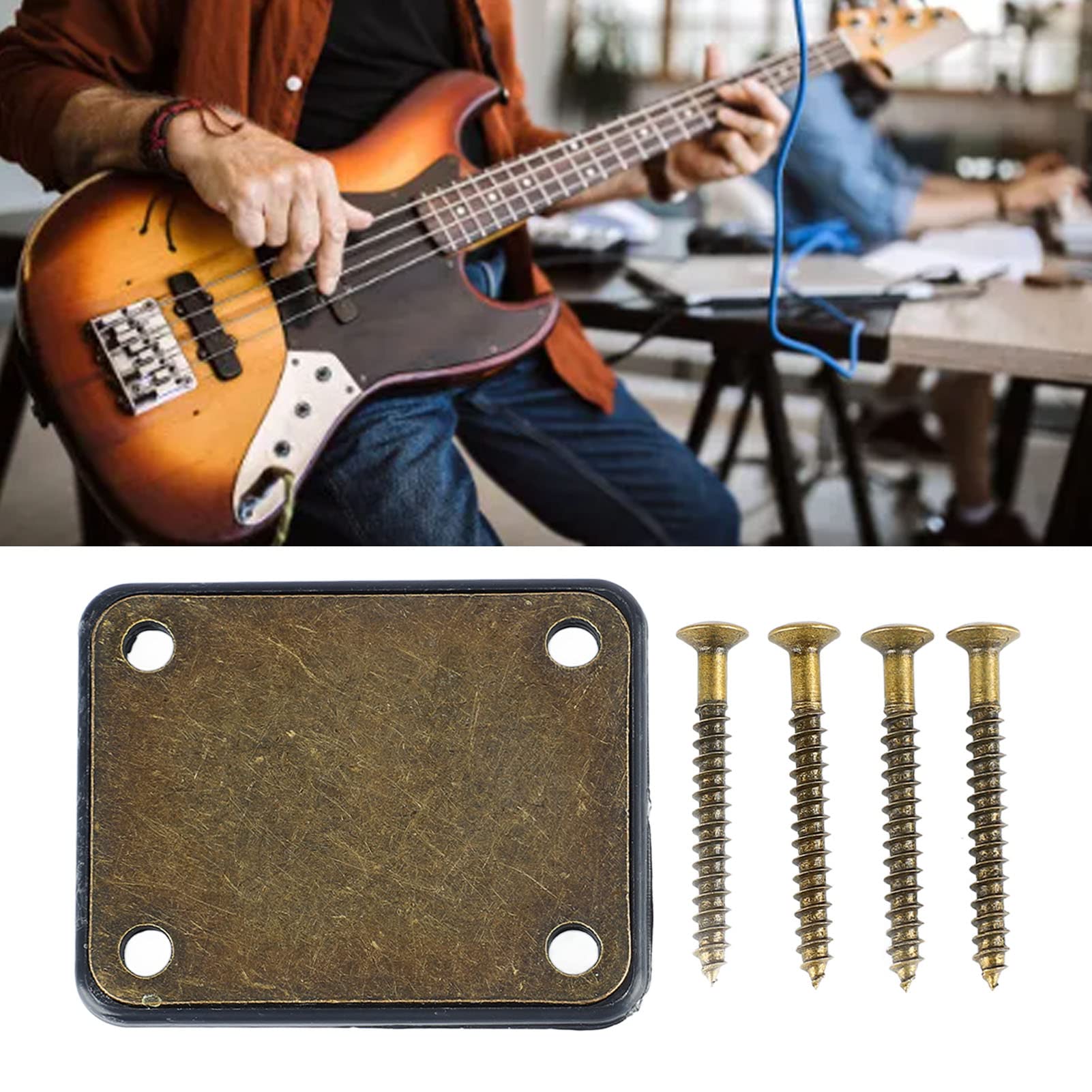Generic Electric Guitar Bass Neck Plate, Electric Guitar Metal Neck Plate Shiny Bronze Finish Stylish Touch 4 Holes Improve Resonance with Screws for Instrument, Generic4gis6vaqg0