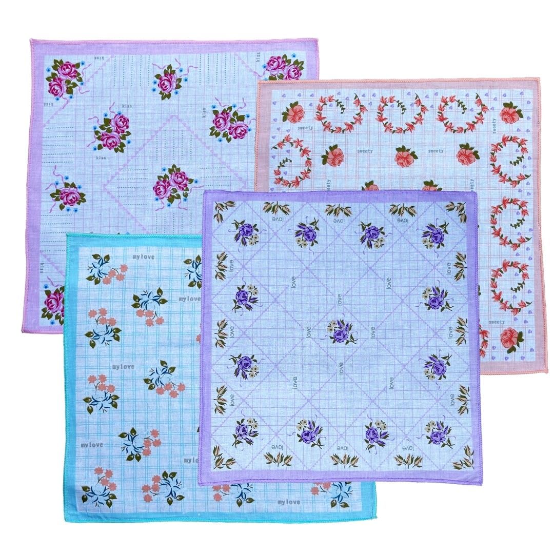 Premium Soft Cotton Ladies Handkerchiefs (31cm x 31cm) – Vintage Plaid & Floral Print with Rolled Hem – Purple, Pink, Orange & Blue – Absorbent Pocket Squares for Women-image-15