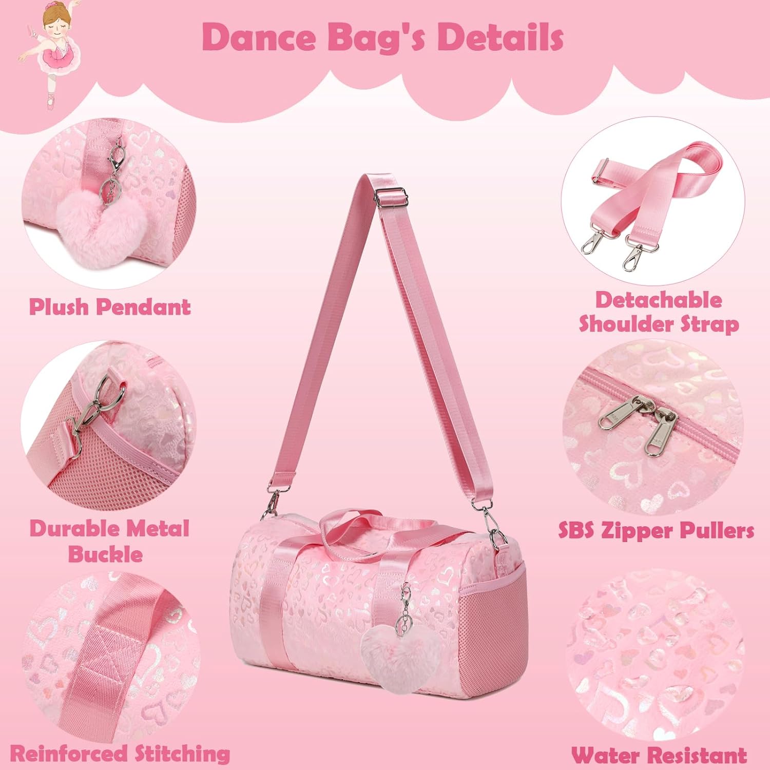 Ballet Bags for Little Girls, Pink Soft Plush with Plush Pendant Ballet Bag Gymnastics Sport Bag Overnight Travel Sleepover Bags with Wet and Dry for Girls
