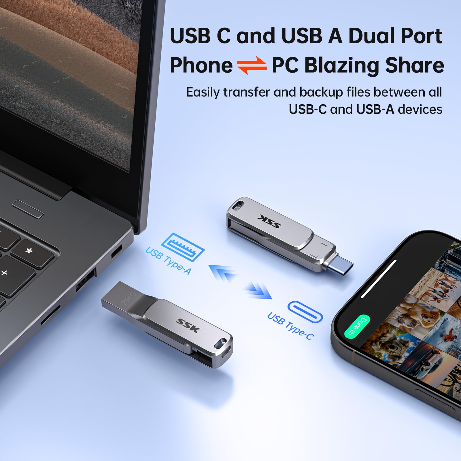 SSK 256 GB Chiavetta USB Dual Connettori, Chiavetta USB C Flash Drive fino a 220 MB/s Tipo-C e USB-A Memory Stick per iPhone 15/16/17Pro/Android OTG con impermeabile, antipolvere e anti-caduta