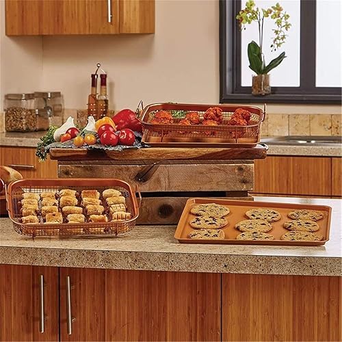 Miniatura 5 de DODY Bandeja de acero antiadherente de cobre, 2 piezas antiadherentes para horno, bandeja y cesta de malla, freidora de aire en horno, ideal para