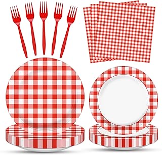 100 Pcs Red White Gingham Party Supplies Set, Serves 25 – Disposable Checkered Paper Plates, Napkins, and Forks, Classic Picnic Themed Tableware for BBQ, Outdoor, Birthday, Holiday Party Decorations