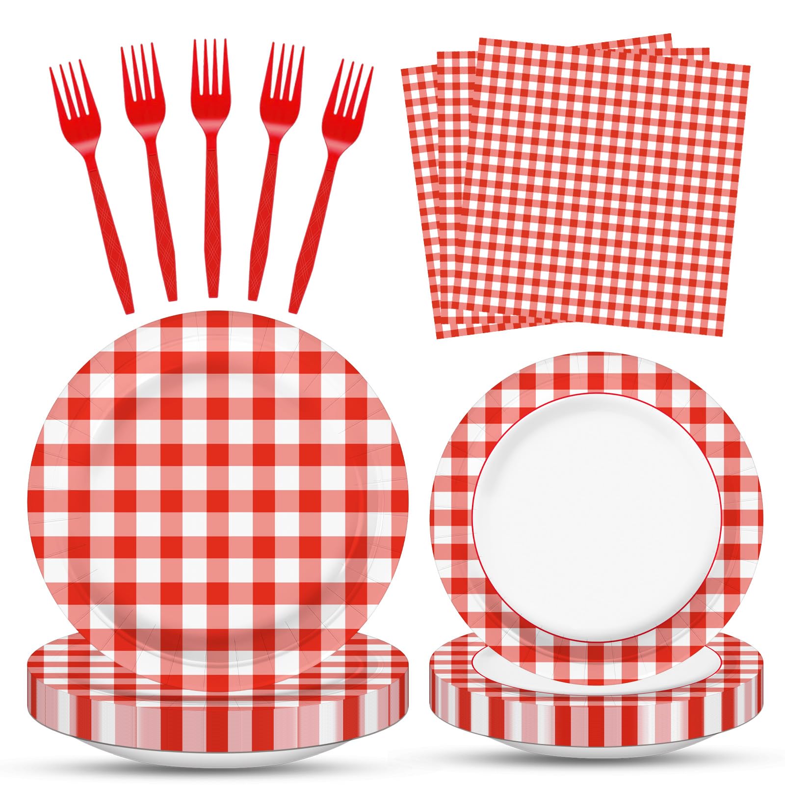 Photo 1 of 100 Pcs Red White Gingham Party Supplies Set, Serves 25 – Disposable Checkered Paper Plates, Napkins, and Forks, Classic Picnic Themed Tableware for BBQ, Outdoor, Birthday, Holiday Party Decorations
