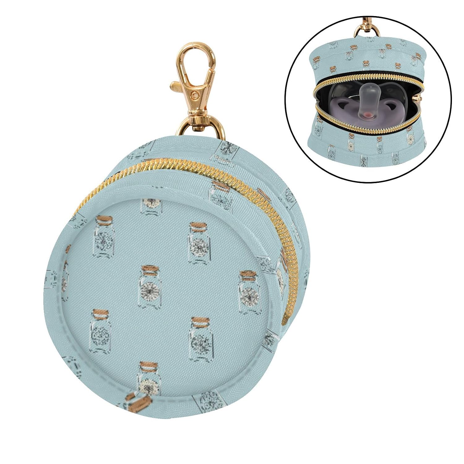 Jars Flowers Blue Background Baby Pacifier Holder Case with Clip Portable Pacifier Storage Organizer Round Container Pouch Box Fits Diaper Bag Stroller Purse image 2