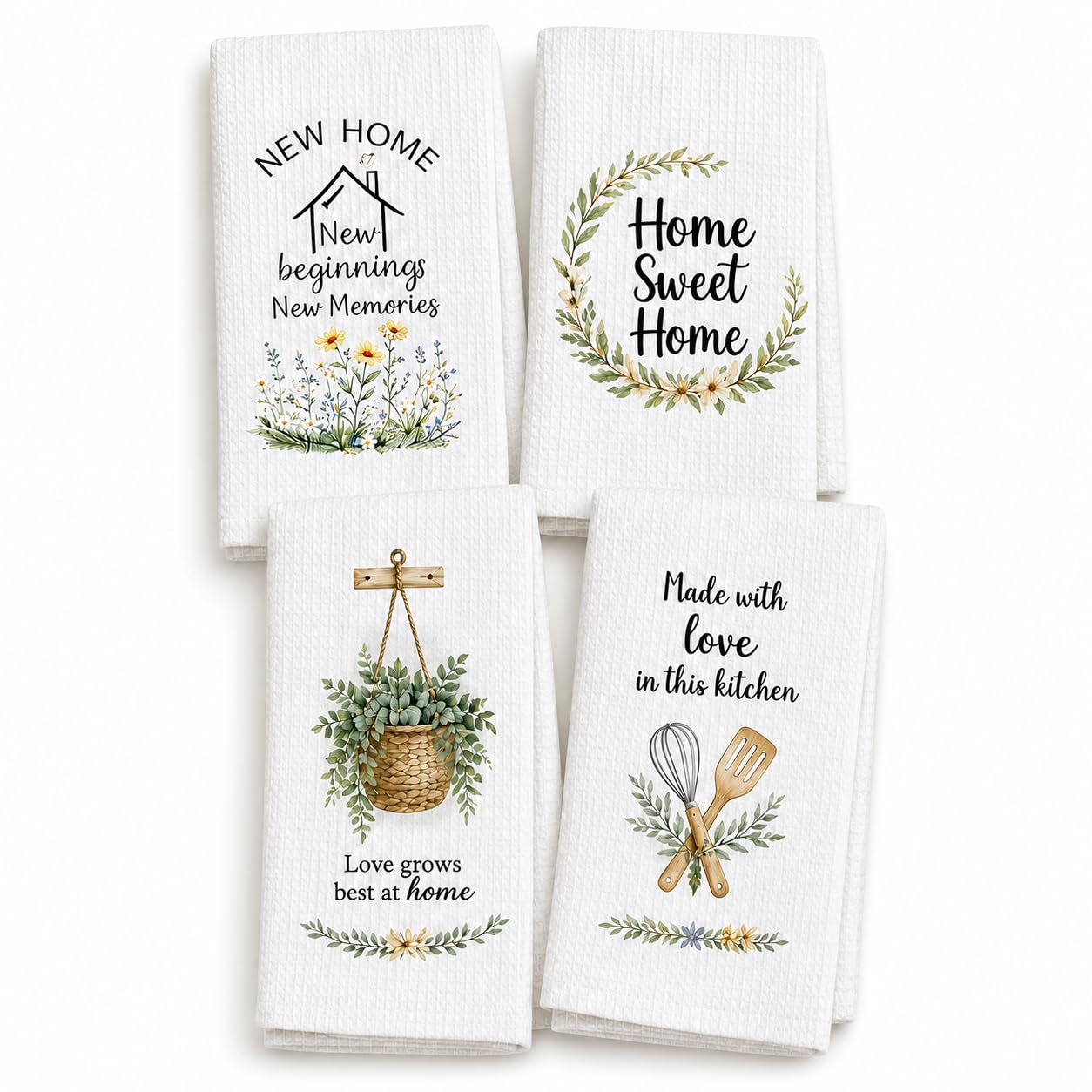 PUQGAOIP New Home Gifts, 4 Pack 40x60cm Waffle Tea Towels, Watercolour Printed House Warming Gifts New Home, Practical Kitchen Accessories For Our Friends And Neighbours
