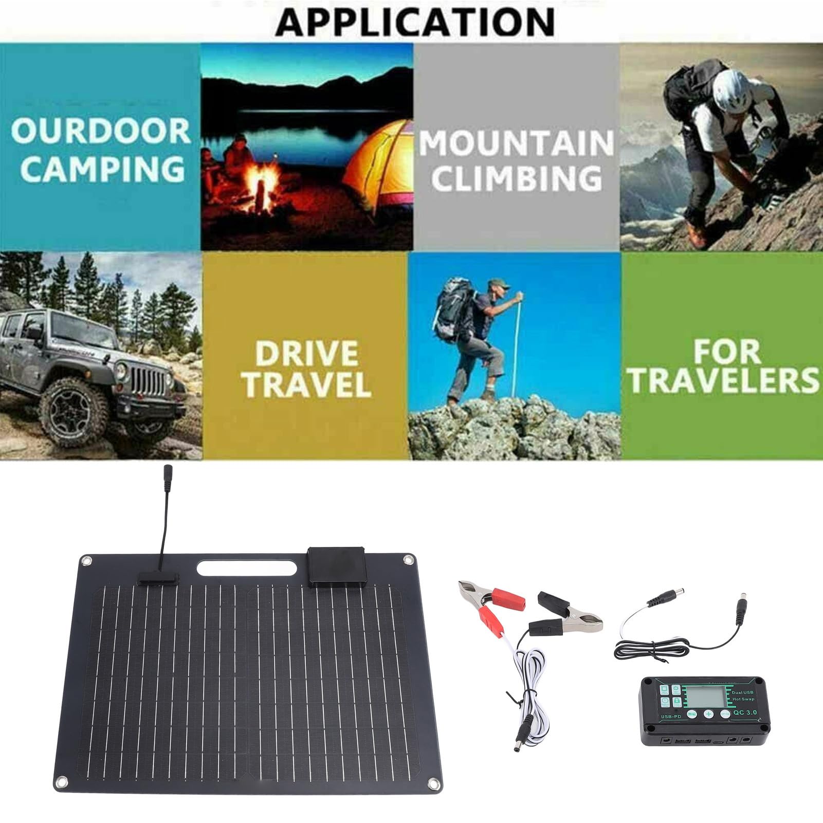 Kit caricatore pannello solare 100W con doppia uscita USB per dispositivi mobili, ideale per e barca, nero monocristallino