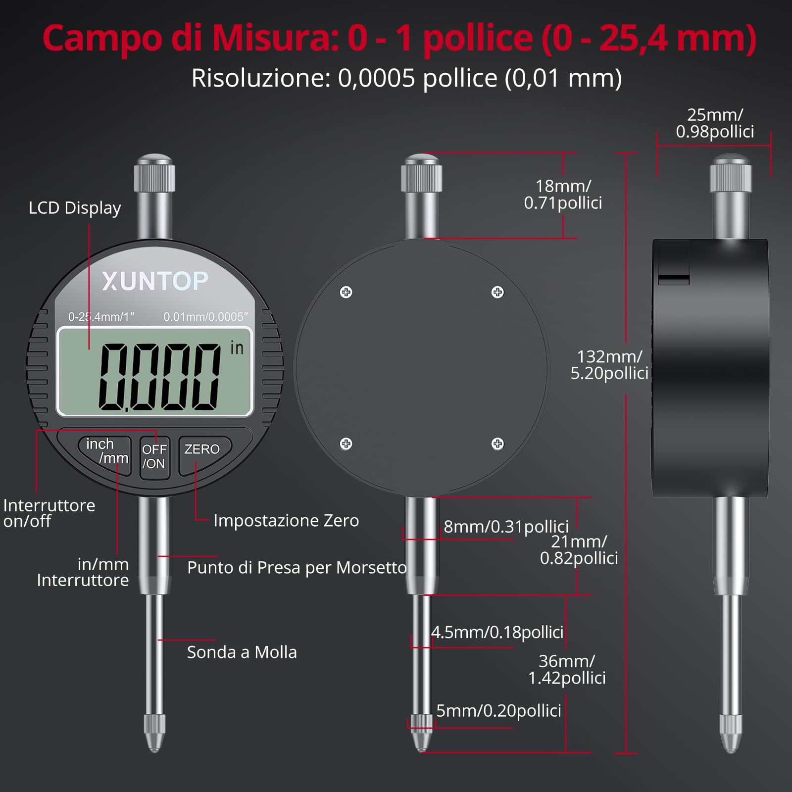 XUNTOP Comparatore digitale Comparatore Digitale Comparatore Quadrante Digital Dial Indicator - Base Magnetica 80KG Supporto Magnetico Braccio Articolato Flessibile Kit Comparatore Precisione 0.01mm