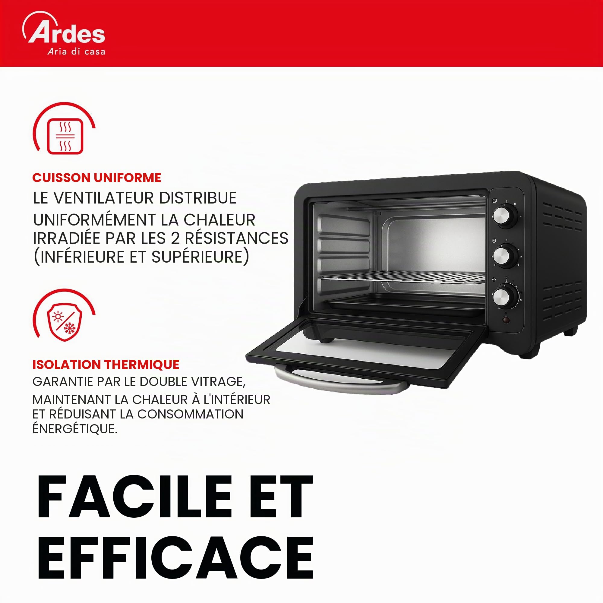 ARDES - AR6245PB Four électrique ventilé Capacité de 45 litres avec lumière interne 6 fonctions de cuisson minuterie double vitrage avec accessoires MAGNUS, Noir