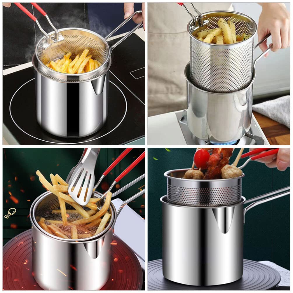 HOLIDYOYO 1 Set Stainless Steel Fry Pot with Lid and Strainer Basket Stove Top Deep Fryer Japanese Tempura Fryer Basket Frying Pot for French Fries Chicken Wings Shrimp