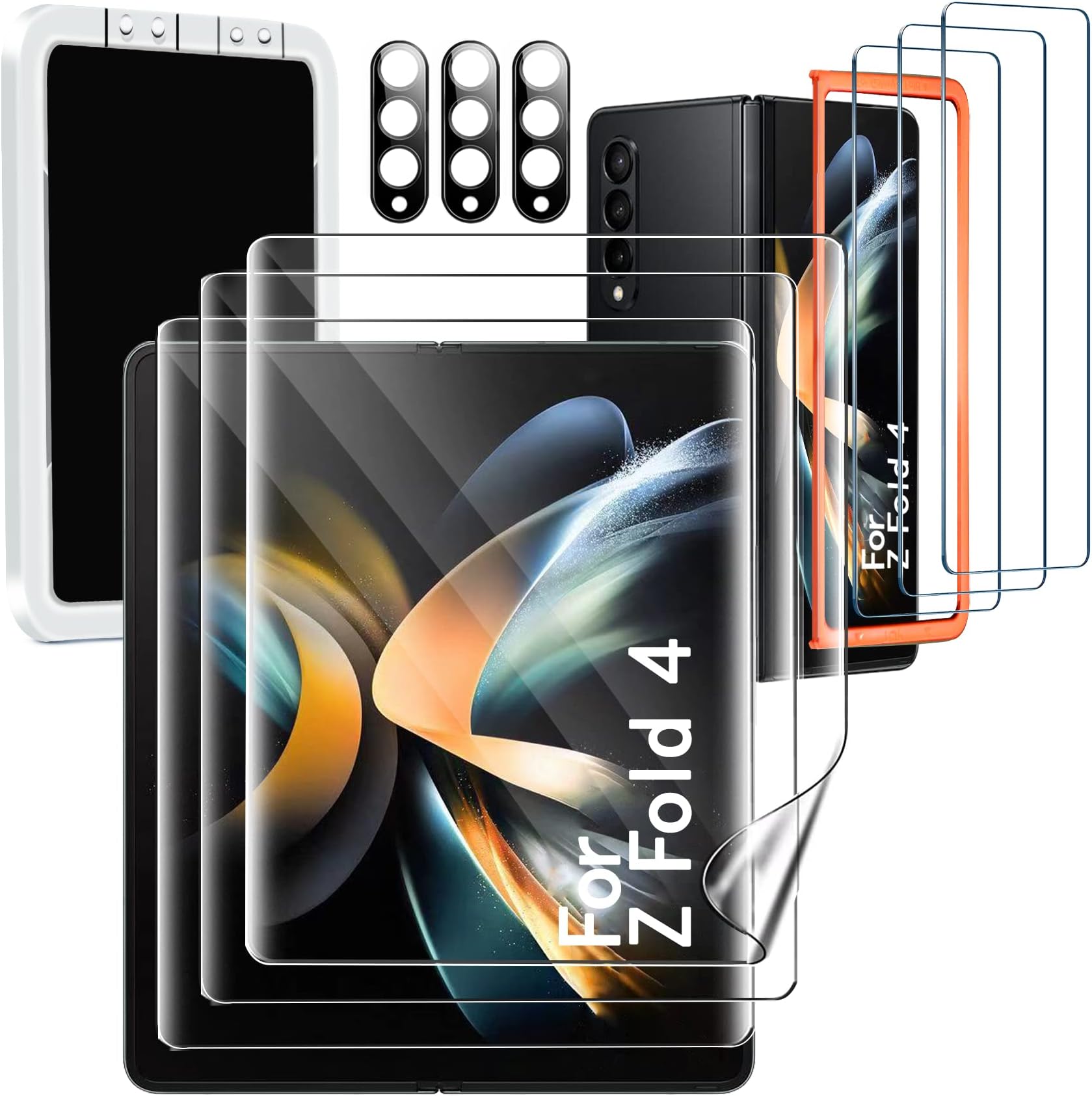 Milomdoi Tempered Glass Camera Lens Protector Mounting Positioner Accessories No bubbles for Samsung Galaxy Z Fold 4 5G - Pack of 3 (Inside, Front)