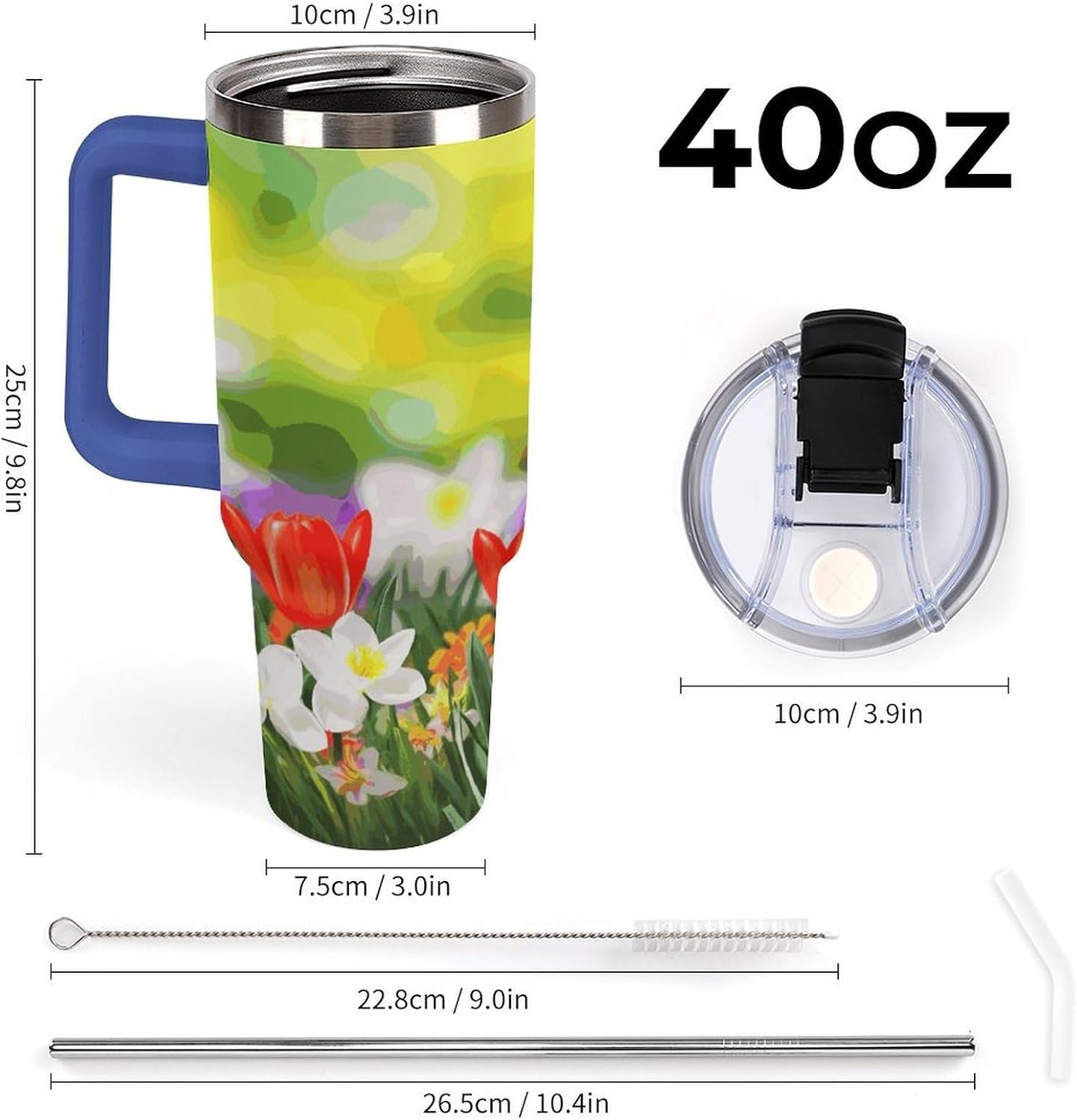 Spring Flowers Tumbler 40 Oz with Handle&Lid Large Car Cup Stainless Steel Vacuum Travel Mug Insulated Water Bottle Leak-proof Portable Coffee Cup for Home Car Outdoor