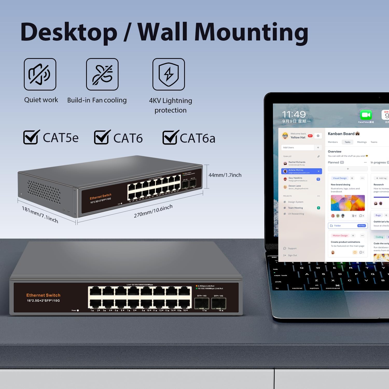 18-Port 2.5G Unmanaged Ethernet Switch, 16 x 2.5G RJ45 Ports, 2 x 10G SFP+ Optical Ports, Compatible with 100/1000/2500Mbps Network Switches, Metal Plug and Play for Wireless AP, NAS, PC