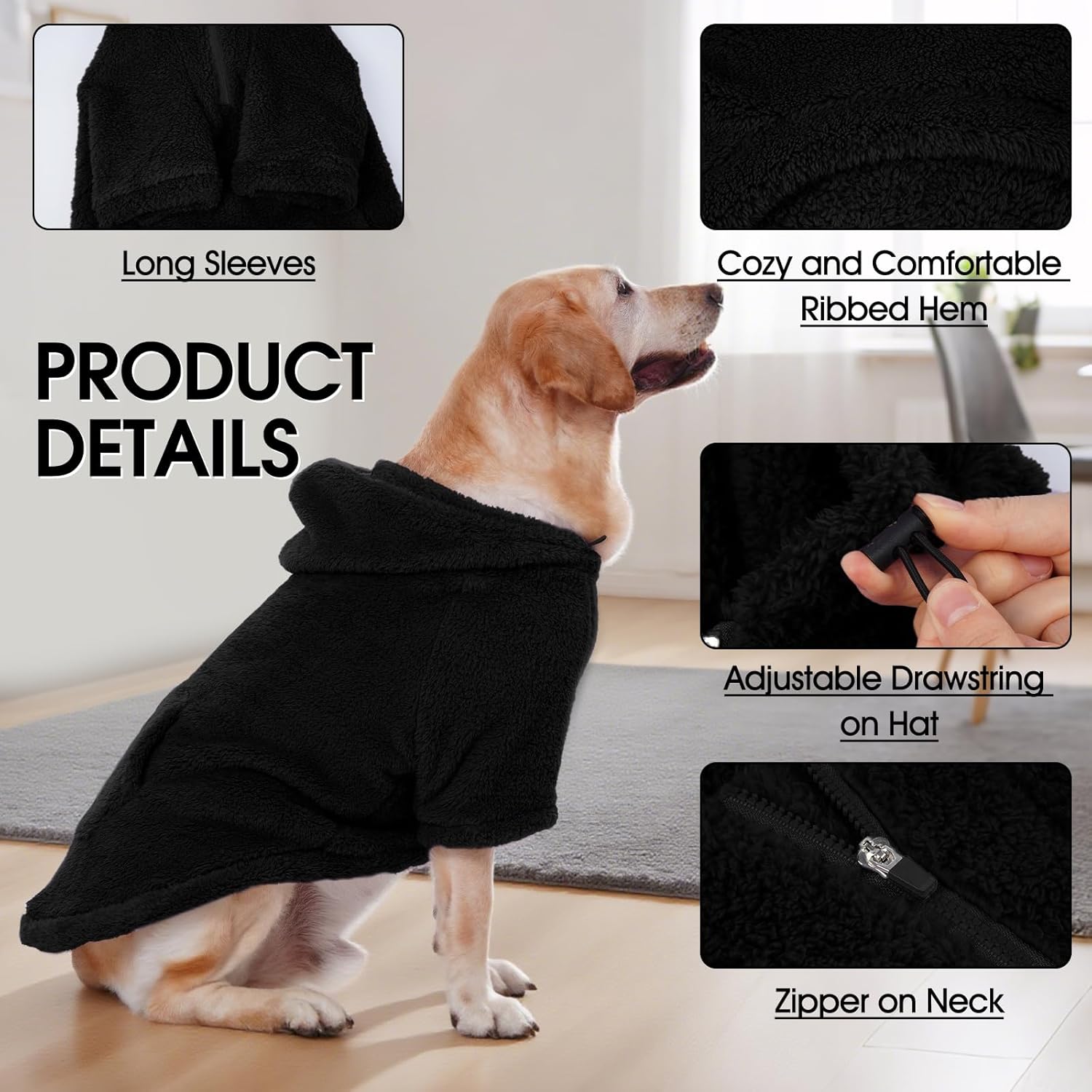 IDOMIK Fuzzy Dog Sweater with Adjustable Hood, Warm Fleece Dog Sweater Hoodie with Harness Hole & Pocket, Pullover Sweaters for Large Dogs, Fuzzy Hooded Sweatshirt for Fall Winter Christmas,Black,2XL