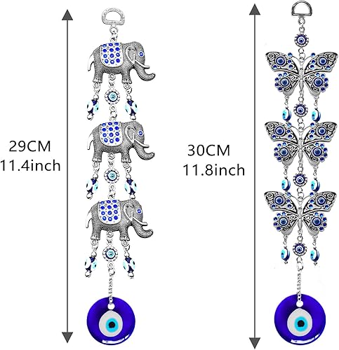 Miniatura 4 de Decoración colgante de ojo malvado azul amuleto nazar para colgar en la pared, protección del hogar y decoración de bendición (elefante + mariposa)