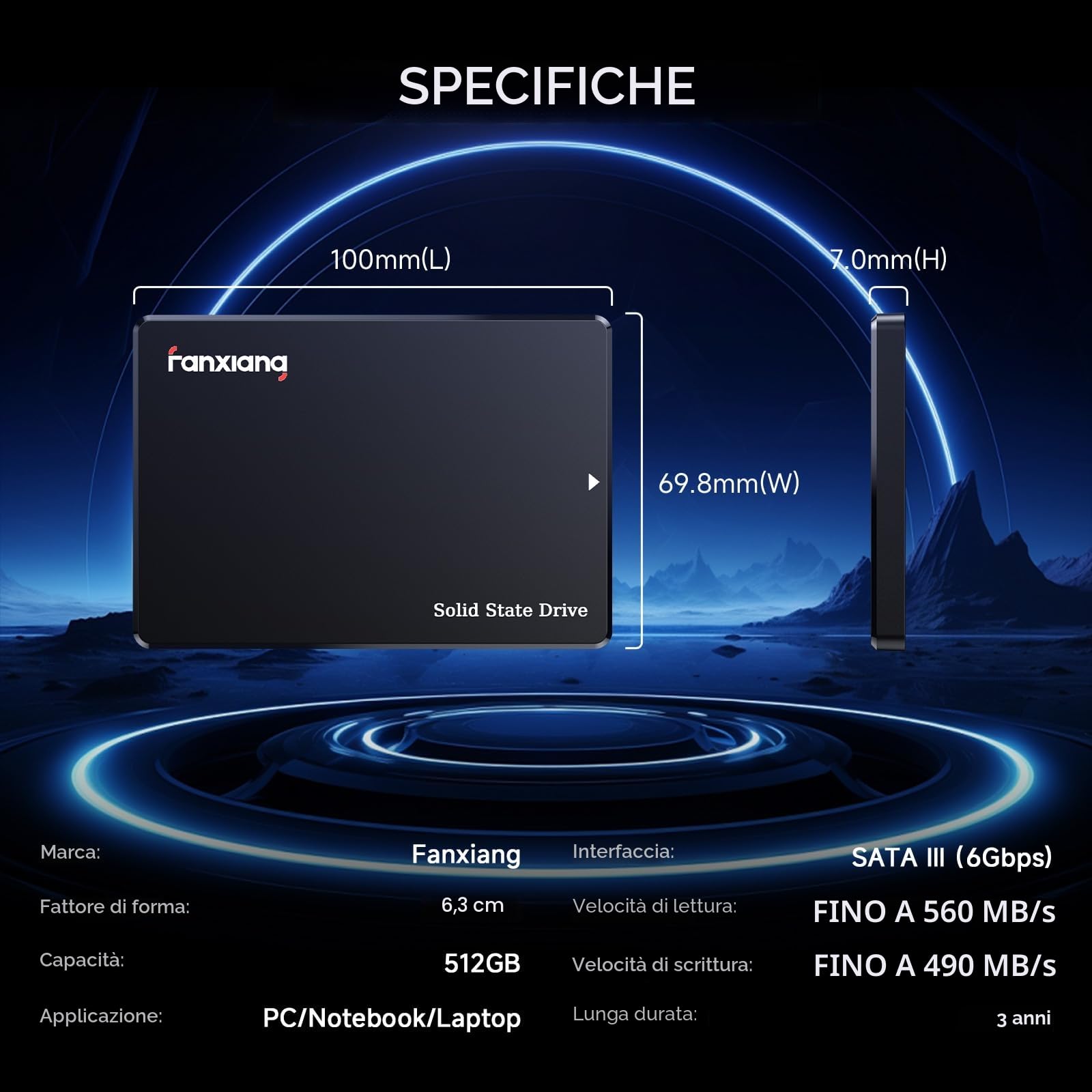 Fanxiang 512GB SSD SATA III 2.5" 560MB/s 3D NAND SLC Cache Unità a Stato Solido Interno S101Q