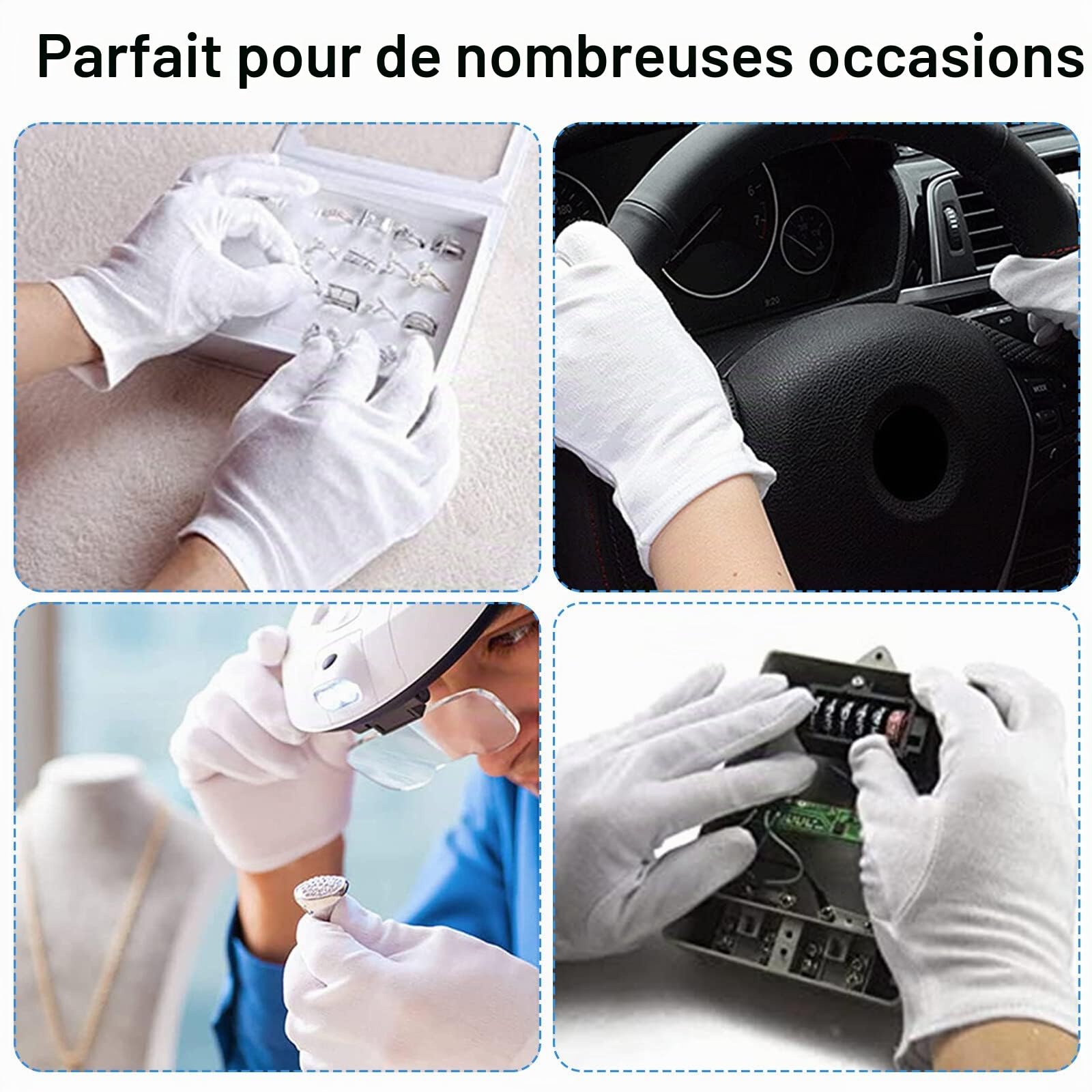 Lot de 72 Gants en Coton Blanc de Protection - Confortables et Respirants pour les Soins de la Peau - Chiffon Lavable et Extensible Multi-Usages