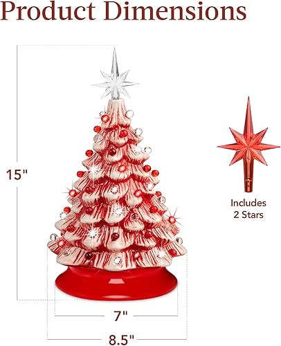 Miniatura 7 de Best Choice Products Árbol de Navidad de cerámica de 15 pulgadas, árbol de Navidad pintado a mano preiluminado, 2 adornos de estrellas, 64 luces,