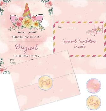 BestaFiesta 36 Unicorn Kids Childrens Birthday Party Invitations Kids Invites with Folding Envelope Design and Holographic Stickers