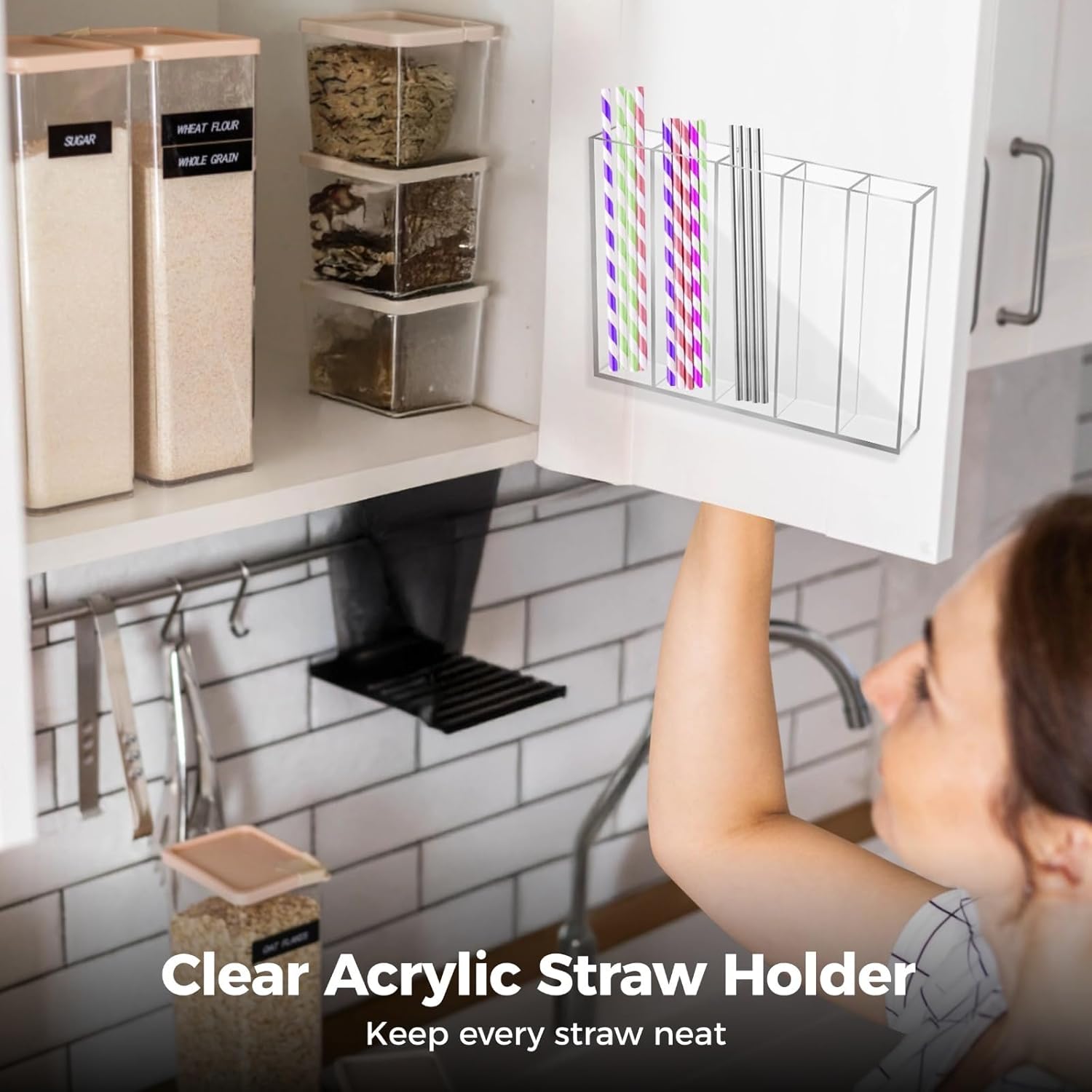 Wall-Mount Straw Dispenser, Clear Acrylic, 5-Compartment, Kitchen & Office