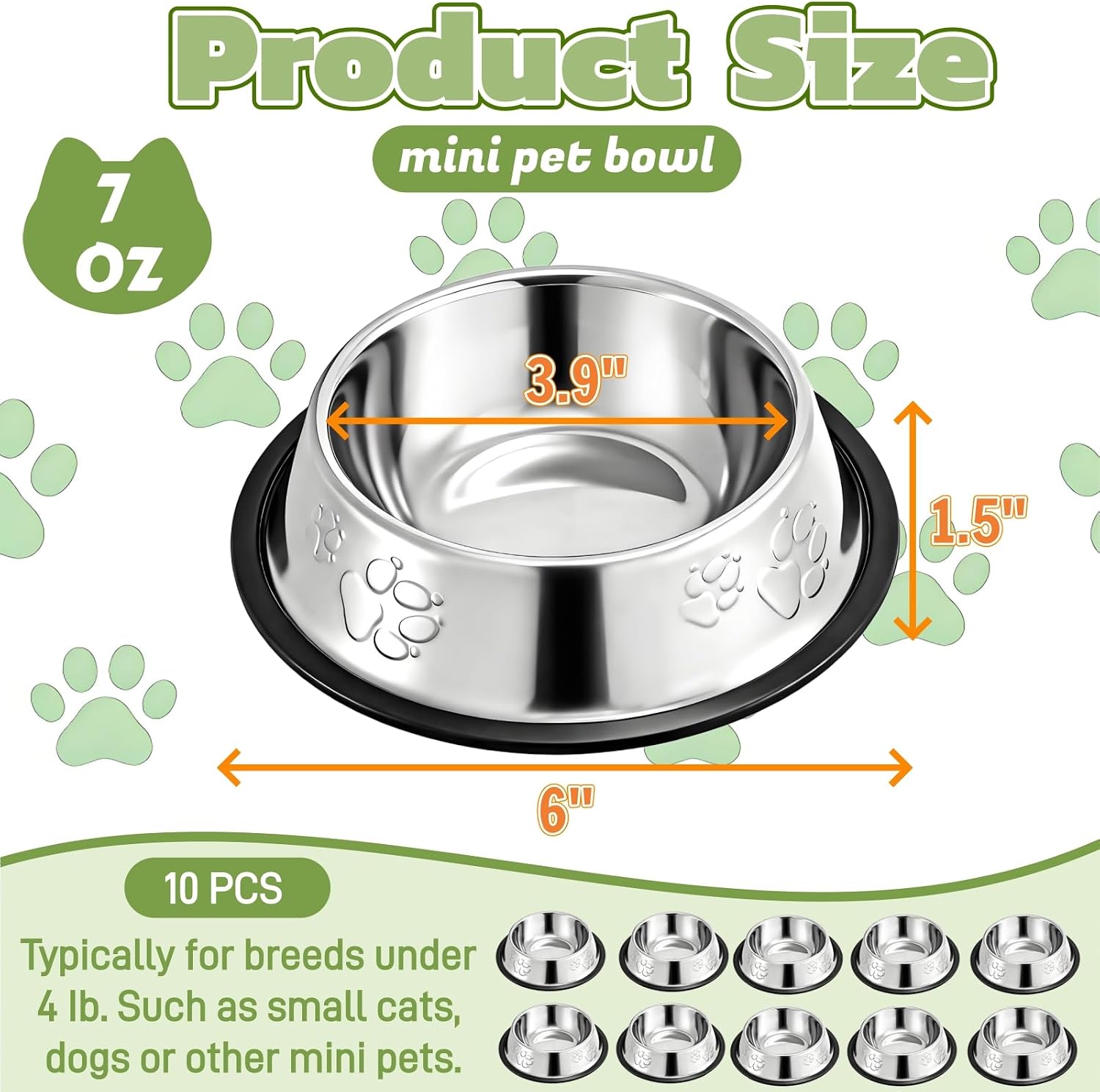 10 Pack Stainless Steel Cat Bowl, 7 Oz Mini Shallow Puppy Pet Bowls | Anti-Slip Cat Food Bowls with Rubber Base, Unbreakable Dog Food Water Feeding Dish for Indoor Kitten Small Dog (XS)