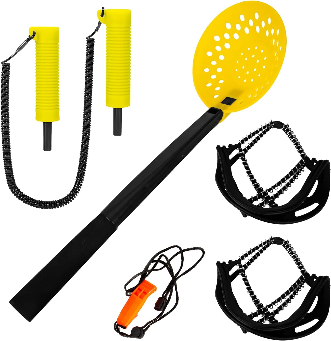 SANLIKE Retractable Stainless Ice Picks Skimmer Winter Ice Fishing Tool Set | Retractable stainless ice picks, slush skimmer, anti-slip cleats warning whistle, all-in-one ice fishing gear