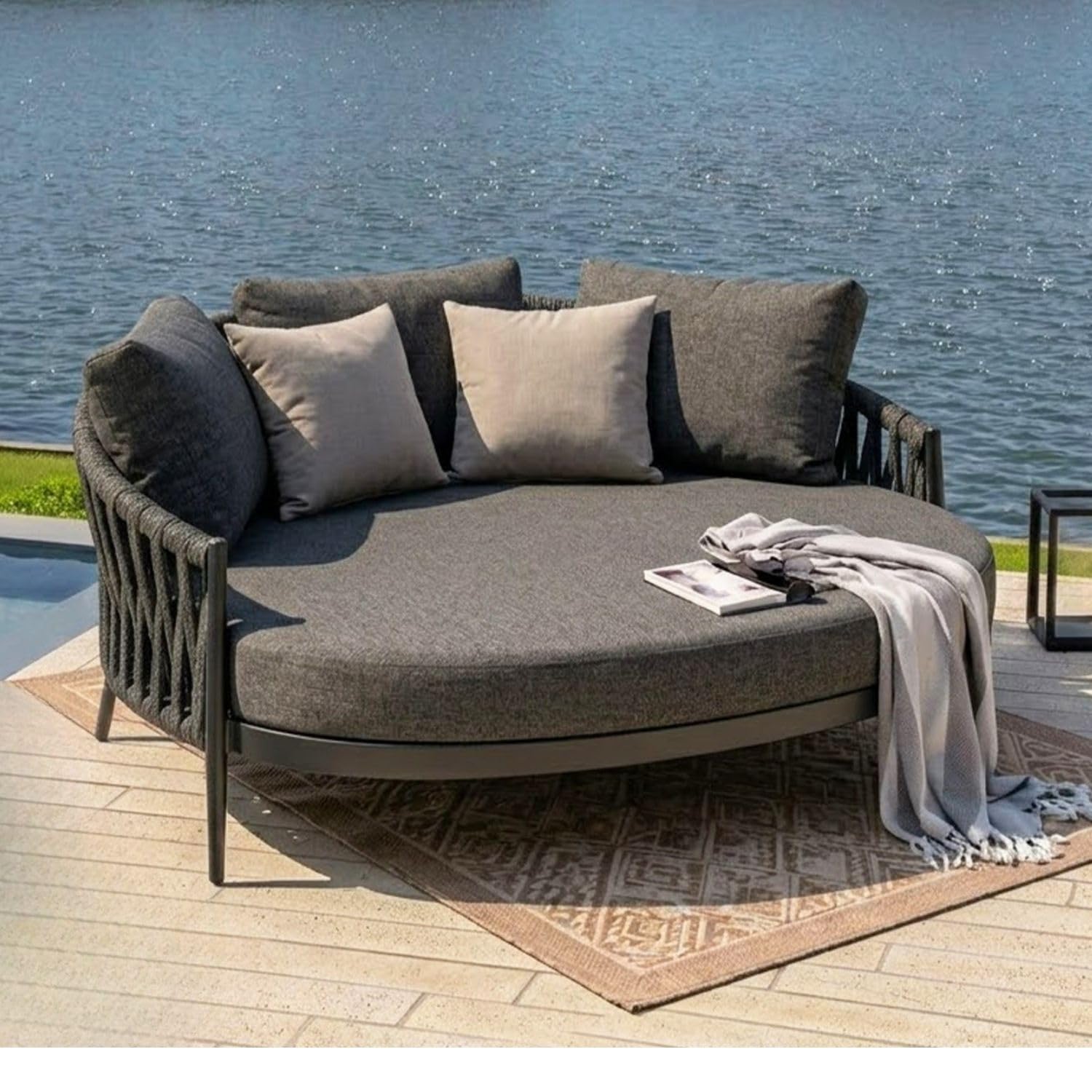 DEVOKO Outdoor Rope Round Daybed for Garden, Deck, Lawn, Poolside, Terrace, Balcony (Grey)