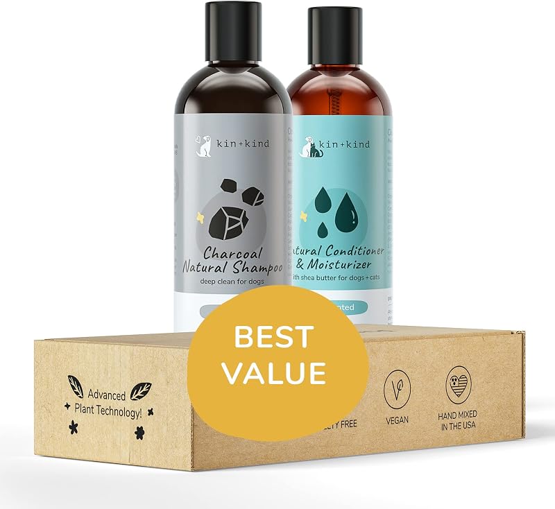 Kit Shampoo e Condicionador para Cães e Gatos kin+kind com Carvão Ativado e Manteiga de Karité – 2 frascos de 355 mL