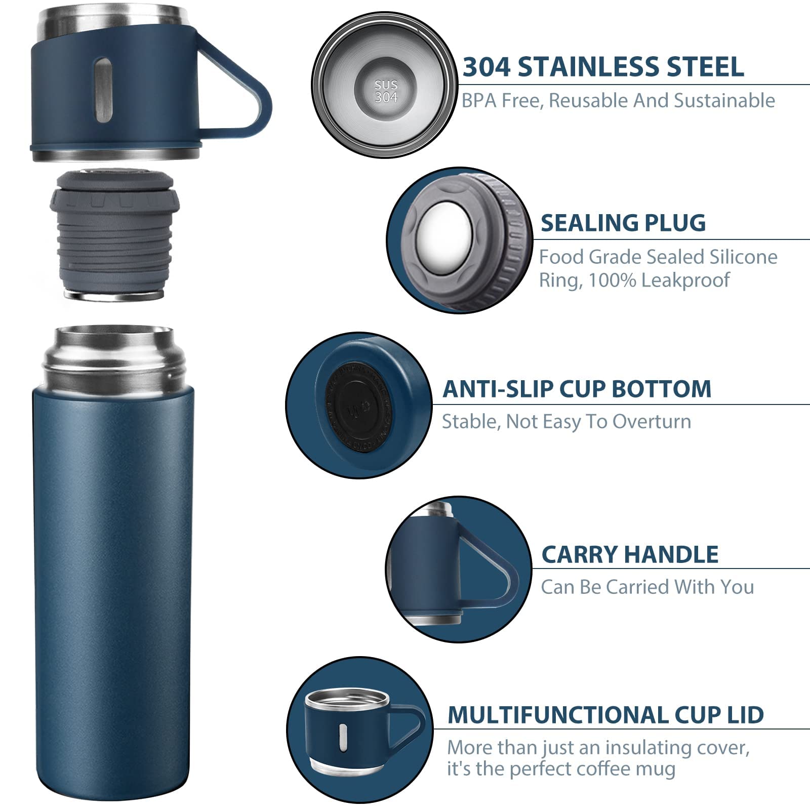 Stainless Steel Water Bottle, Insulated Travel Mug with Leakproof Cup Lid & Handle, 500ml Double Walled Vacuum Flask - Image 3