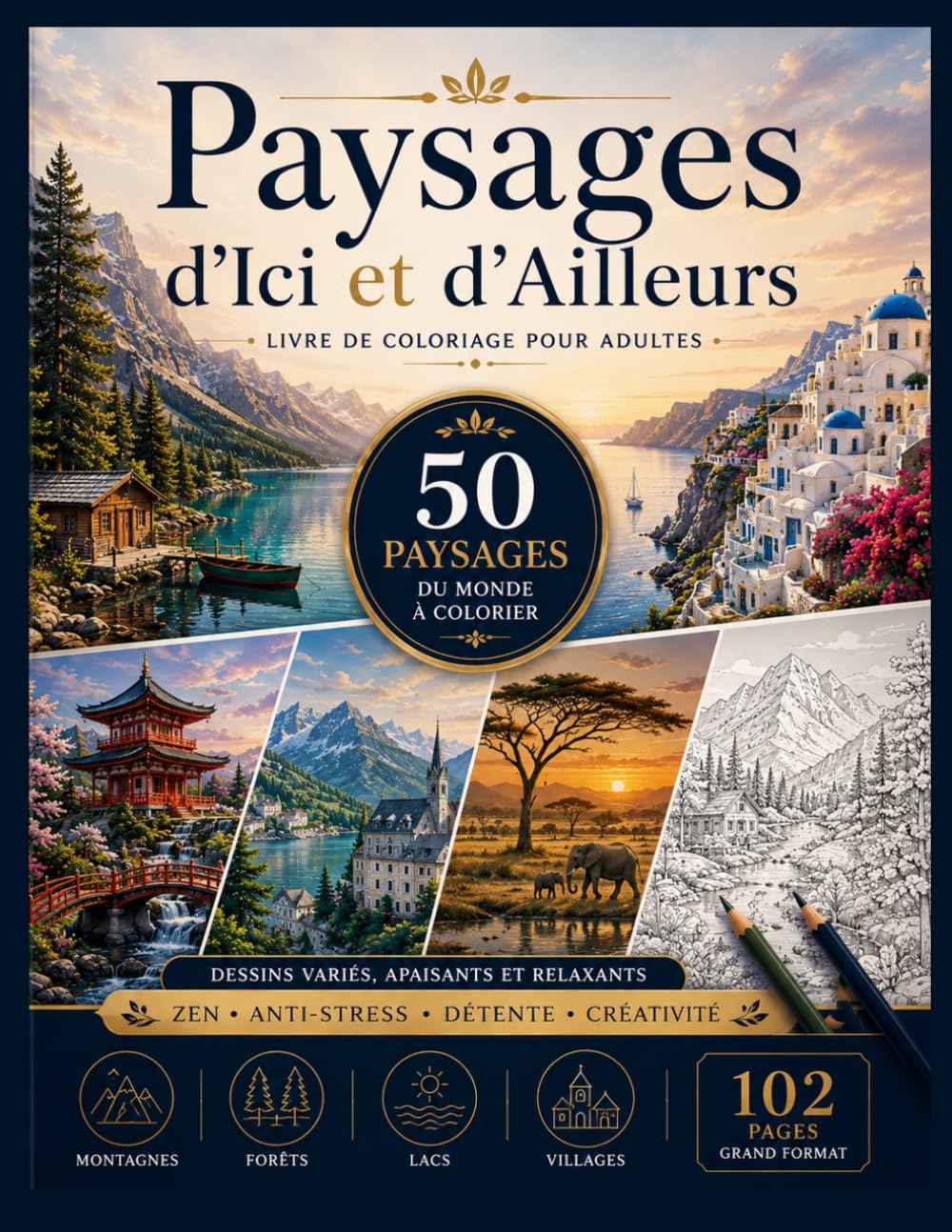 Paysages d’Ici et d’Ailleurs: Livre de Coloriage pour Adultes 50 paysages du monde à colorier | Dessins relaxants et apaisants de montagnes, villages, ... Cahier anti-stress – Grand format, 102 pages