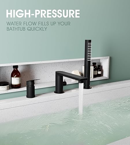 Miniatura 6 de Grifo de bañera romano moderno negro mate con boquilla giratoria de 360°, grifo de bañera de montaje en cubierta con ducha de mano, grifo de llenado