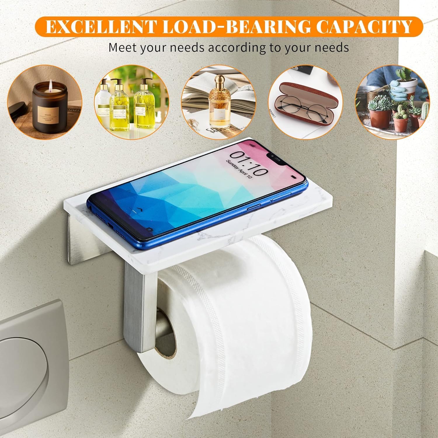 Inless - Soporte de acero para papel higiénico con estante de mármol blanco, autoadhesivo, montaje de tornillo, soporte para rollo de pañuelos de papel higiénico para baño y baño, Sto Solut (cepillo h