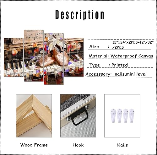 Miniatura 2 de Derkymo 4 paneles de arte de pared de lienzo de música vintage, teclado de piano abstracto, zapatos de ballet, impresiones de pintura para