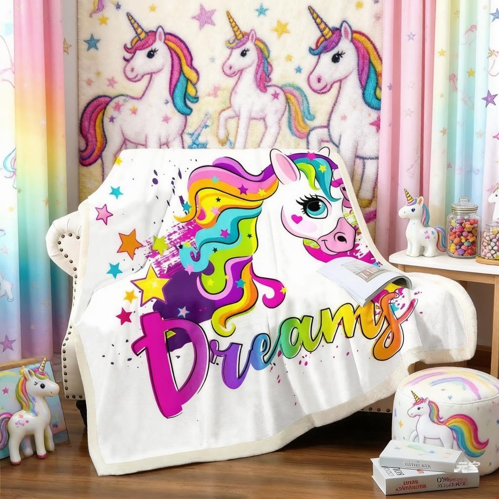 Loussiesd Unicorn Sherpa Blanket Dreamy Horse Printed Fleece Blanket for Chair Sofa Couch Fantasy Unicorn Themed Colorful Tie Dye Room Decor King 87"*94" — image 1