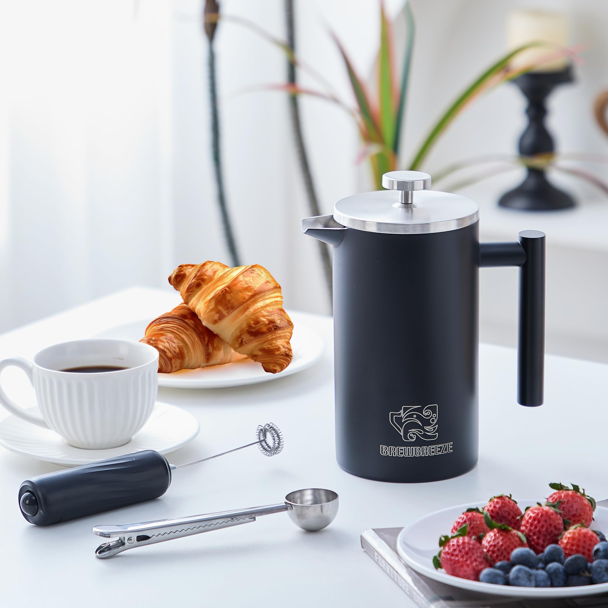 French Press Set I Cafetera Thermo Prensa de Café de Filtro 1 Litro Espumador de Leche Doble Pared Aislante Acero Inoxidable (Negro)