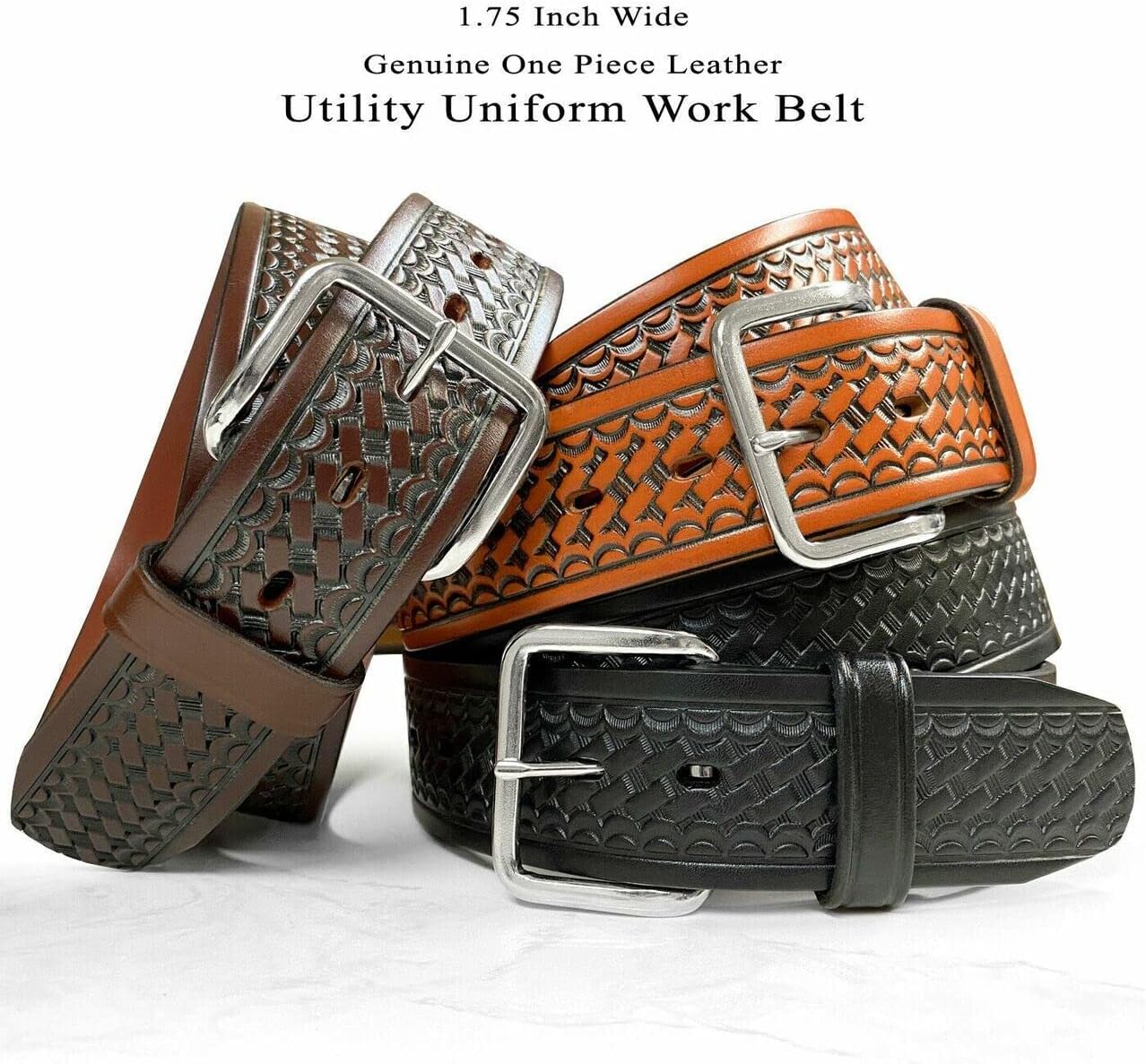 Utility Uniform Work Belt Basketweave Embossed One Piece Full Grain Belt 1-3/4"(45mm) Wide, Multi-Style Options - Image 5