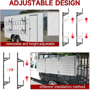 Adjustable Trailer Ladder Rack Side Mount, Heavy Duty Steel Trailer Ladder Rack with 4 Ratchet Straps Fit for Open and Enclosed Trailer Side Wall- Carry 2 Ladders