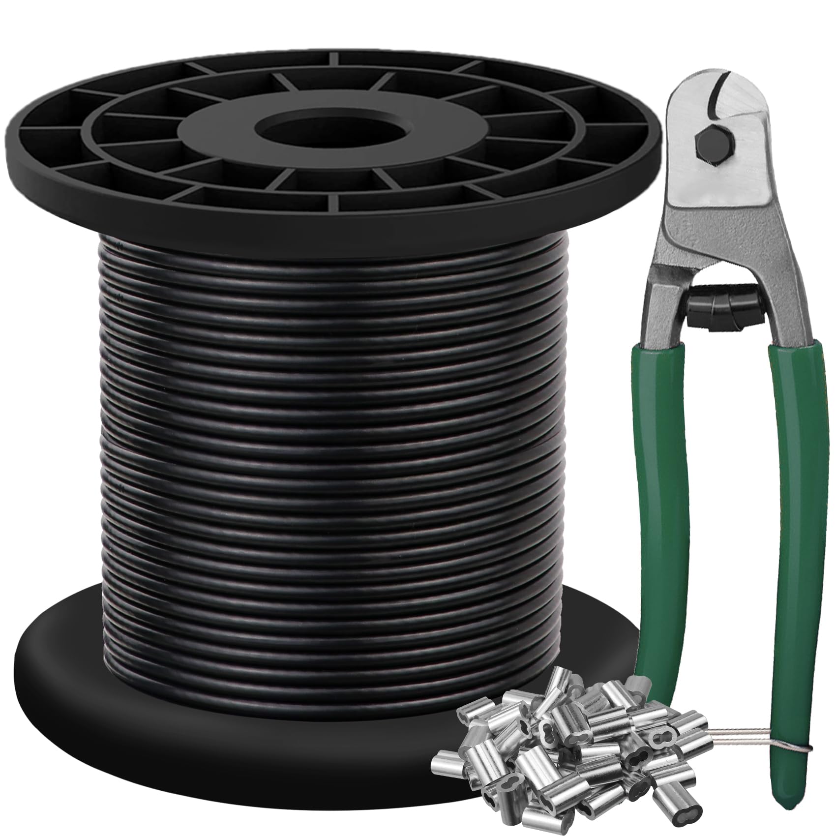 Wire Rope 304 Stainless Steel Wire Cable with Cable Cutter, Black Vinyl Coated, 1/16 Inch OD to 3/32 Inch 100FT with 30Pcs Crimping Sleeves, Outdoor Light Guide Wire, Suitable for Clotheslines