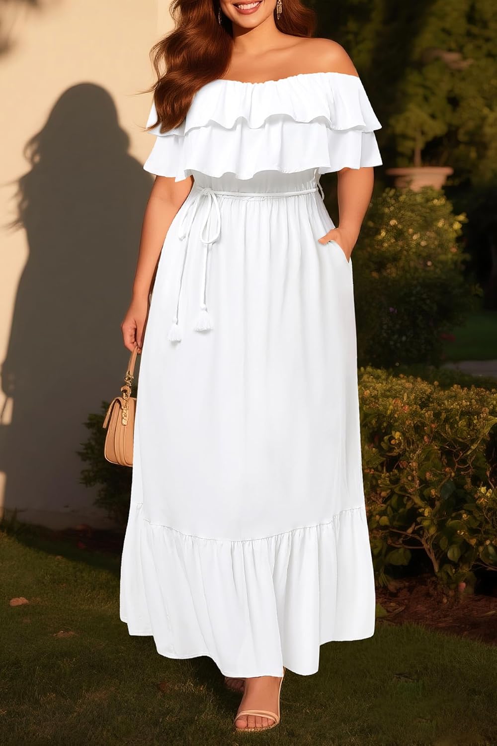 Plus Size Off The Shoulder Maxi Long Casual Layered Ruffle Beach Sundress Women Pocket 2024 - Image 3