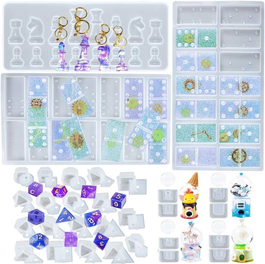 FUNSHOWCASE Resin Mold Kit with Chesse Dice Dominoes Gumball Machine Silicone Molds for Keychain Charms