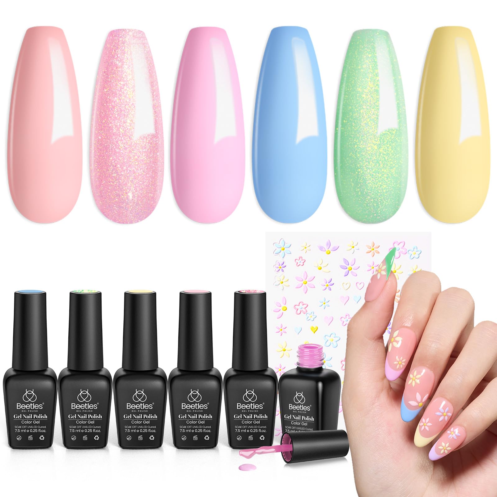 Beetles Pastel Gel Nail Polish - 6 Colors Pink Green Blue Yellow Shimmer Glitter Gel Polish Mermaid Nail Drawing Soak Off Uv Led Needed Nail Polish Nail Art Manicure Gifts for Women