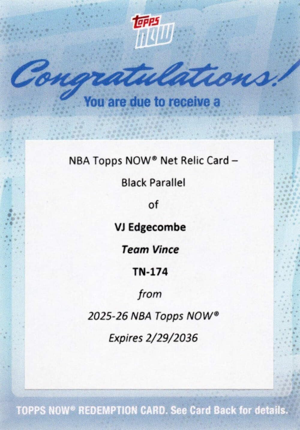2025 Topps Now VJ Edgecombe #174 Black Net Relic /10 Redemption Philadelphia 76ers Rookie RC Basketball Card