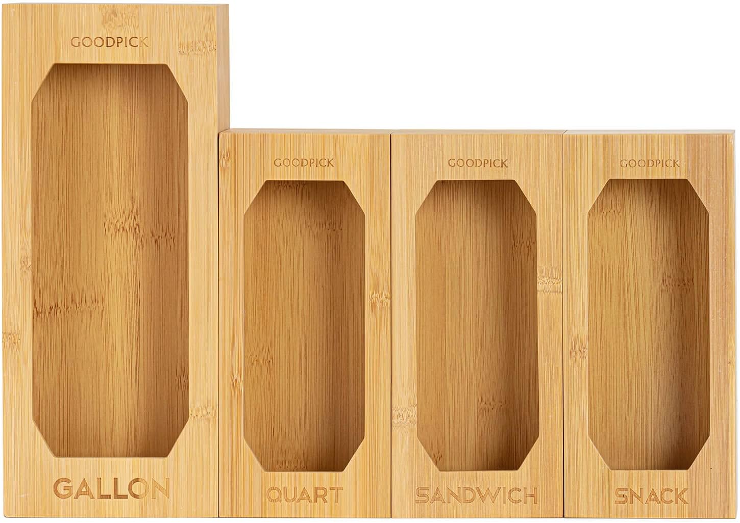Goodpick Bamboo Food Storage Bag Organizer, Kitchen Drawer Organizer Set of 4, Food Storage Bag Holder for Sandwich, Fruits, Cookies & Snacks Bags, Compatible with Ziploc, Glad, Solimo, Quart slider bag
