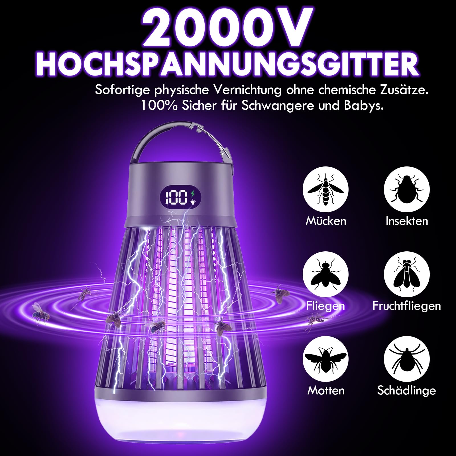 Insektenvernichter Elektrisch LED-Beleuchtung, 360° UV Mückenlampe Fliegenfalle,Mückenfalle USB für Innen Außen Outdoor IPX5 Anti Insektenlampe Camping, Schlafzimmer Küche Wohnmobil Balcony Garten