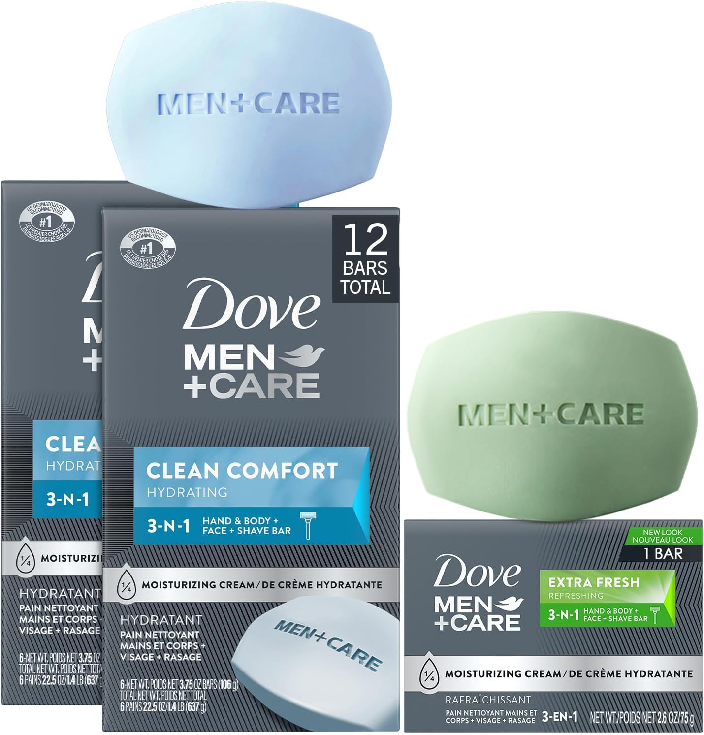 Men+Care Clean Comfort Soaps (2 Boxes/12 Bars)+ Extra Fresh Soap (1 Bar) – Hydrating & Refreshing 3-in-1 Hand & Body, Face + Shave Soap Bundle