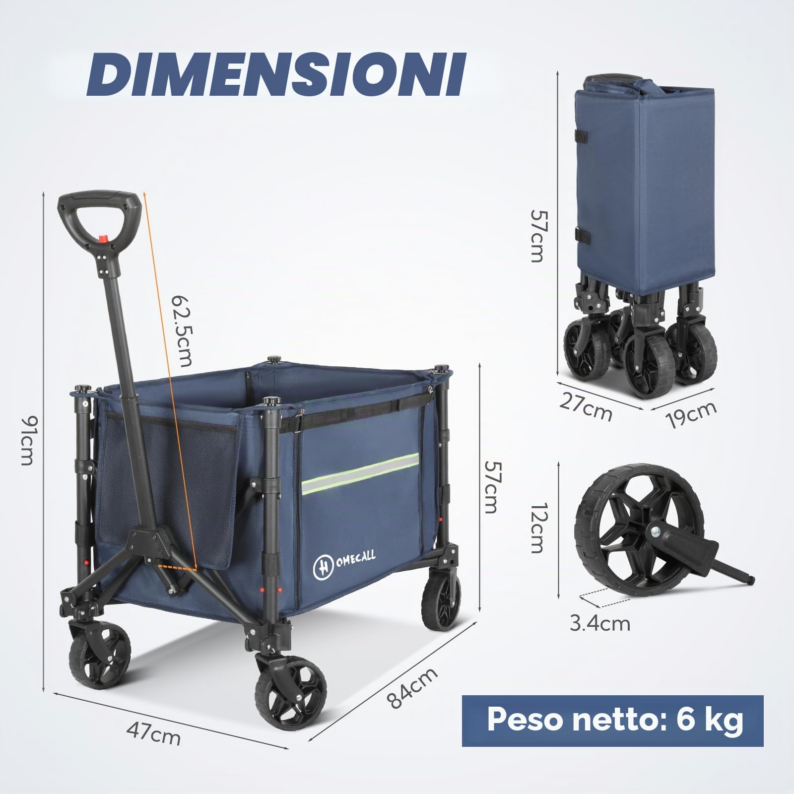 Homecall Carrello pieghevole fino a 100 kg, con strisce riflettenti, manico regolabile, per cani (piccoli), giardino, spiaggia, campeggio, trasporto