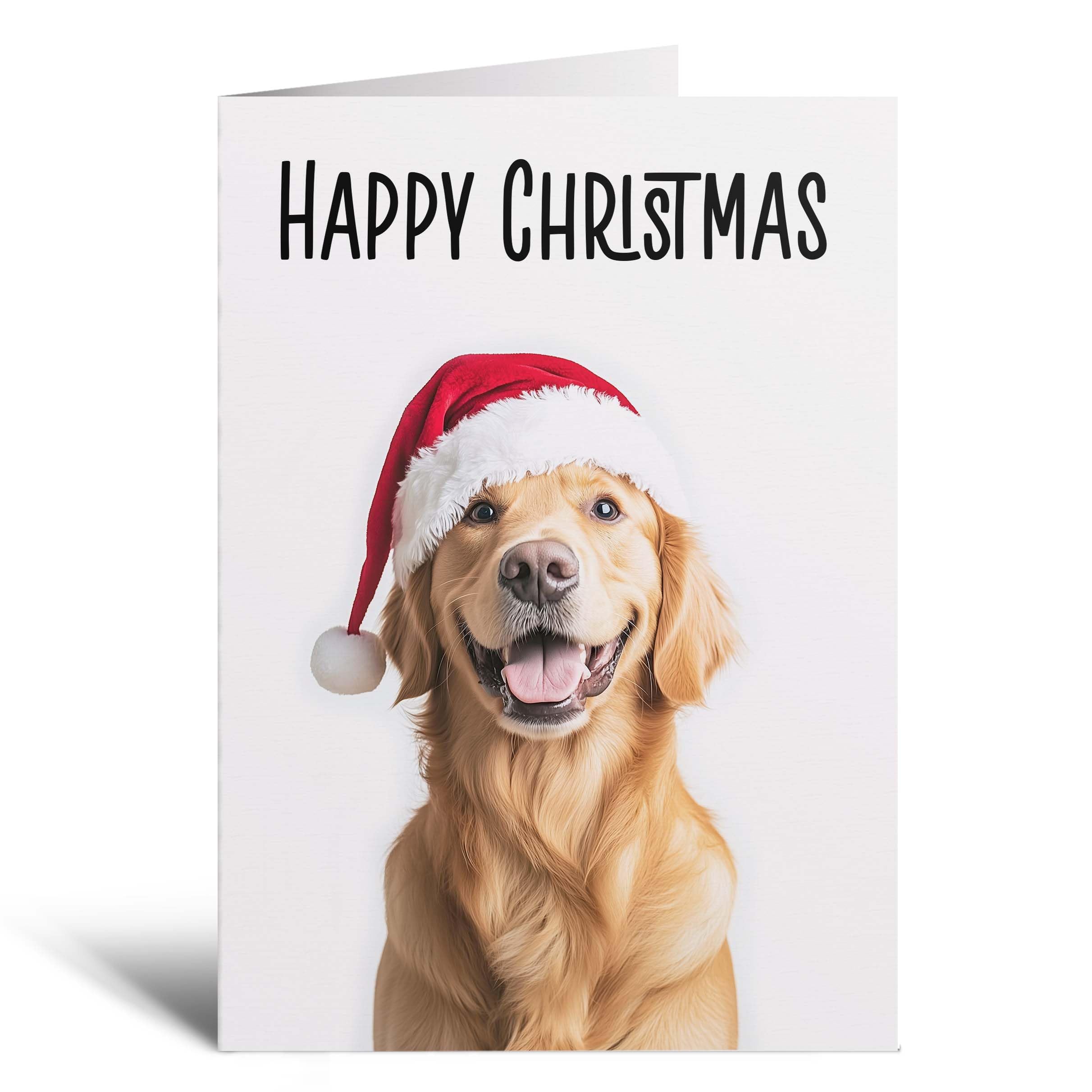 Postcard Prints - Fun Christmas Card of a Golden Retriever Dog Wearing A Santa Hat Whimsical Christmas Card For Animal Lover For Him or Her - 4 Cards — image 1