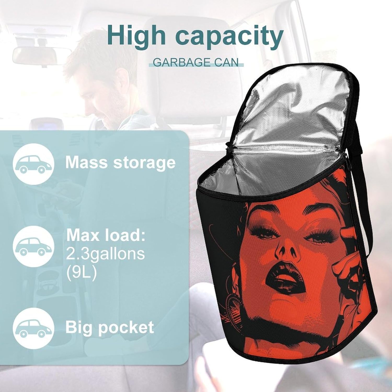 MUSM Leakproof Car Trash Can 2.5 Gallon, Durable Automotive Garbage Bag with Waterproof Liner, Retro Style Woman Trash Bag for Car, Truck, RV & Bathroom