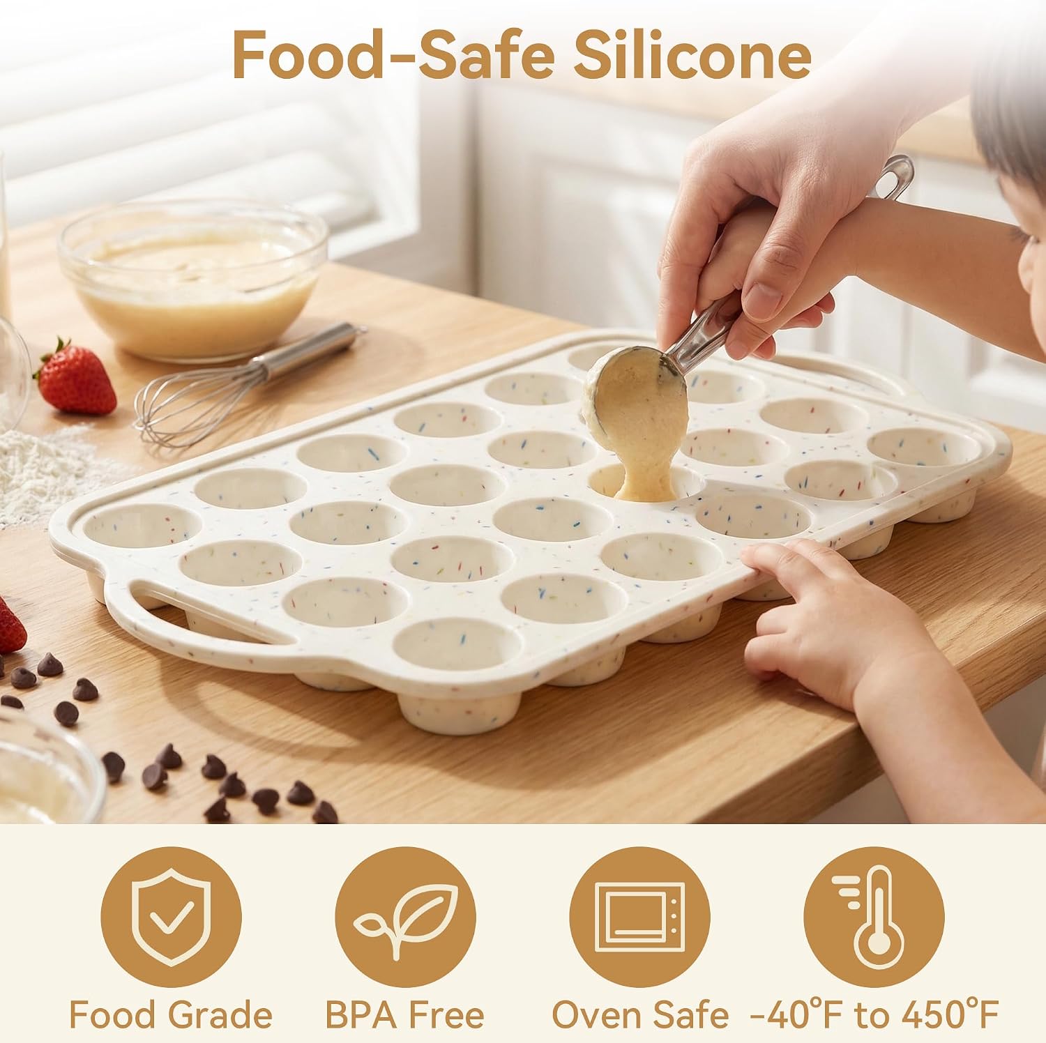 Vakoo Silicone Mini Muffin Pan for Baking, with Metal Reinforced Frame, 24 Cup Silicone Cupcake Pan, BPA-Free Non-Stick, Oven & Dishwasher Safe, 2 Pack