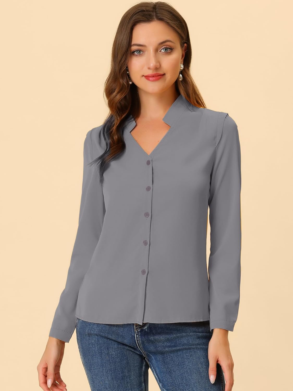 Allegra K Women's Work Office Button Up Shirt Long Sleeve Smooth V Neck Blouse Top 2025 - Image 2